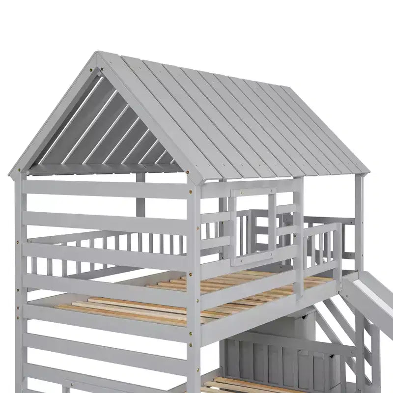 Lit superposé jumeau sur jumeau Whisen avec lit gigogne et toboggan, escalier de rangement, toit et design de fenêtre