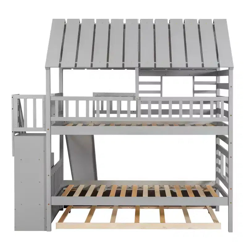 Lit superposé jumeau sur jumeau Whisen avec lit gigogne et toboggan, escalier de rangement, toit et design de fenêtre
