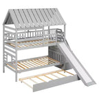 Lit superposé jumeau sur jumeau Whisen avec lit gigogne et toboggan, escalier de rangement, toit et design de fenêtre