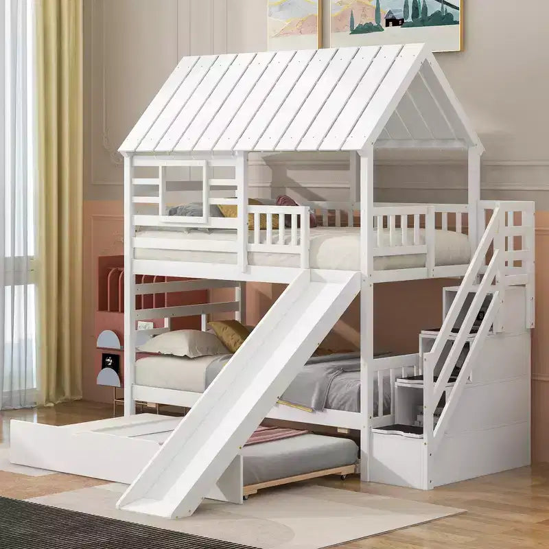 Lit superposé jumeau sur jumeau Whisen avec lit gigogne et toboggan, escalier de rangement, toit et design de fenêtre