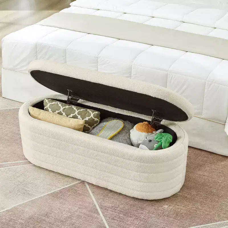 Banc de rangement ottoman ovale Zeus et Ruta Modern 43 po de largeur, bout de lit, rembourré avec charnière de sécurité-