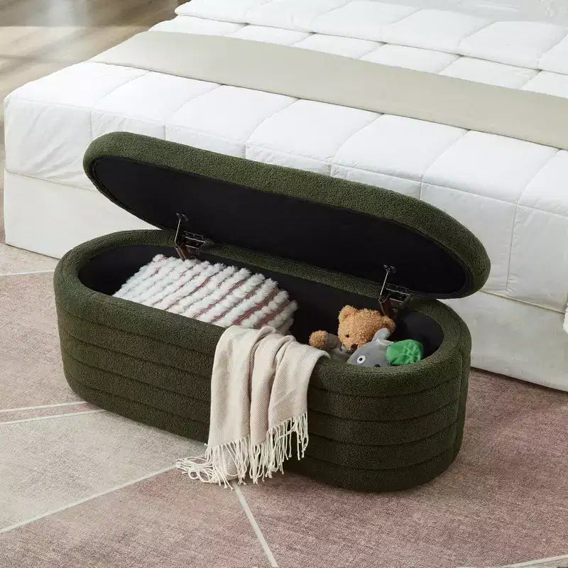 Banc de rangement ottoman ovale Zeus et Ruta Modern 43 po de largeur, bout de lit, rembourré avec charnière de sécurité-