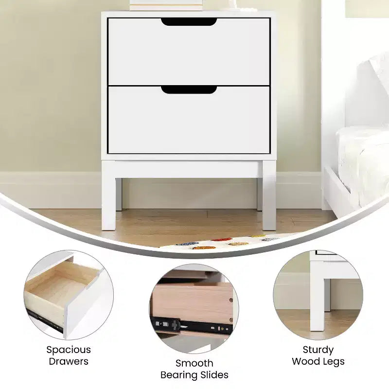 Flash Furniture Dallas Table de nuit en bois, Table d'appoint de chambre à coucher avec 2 tiroirs de rangement pour enfants