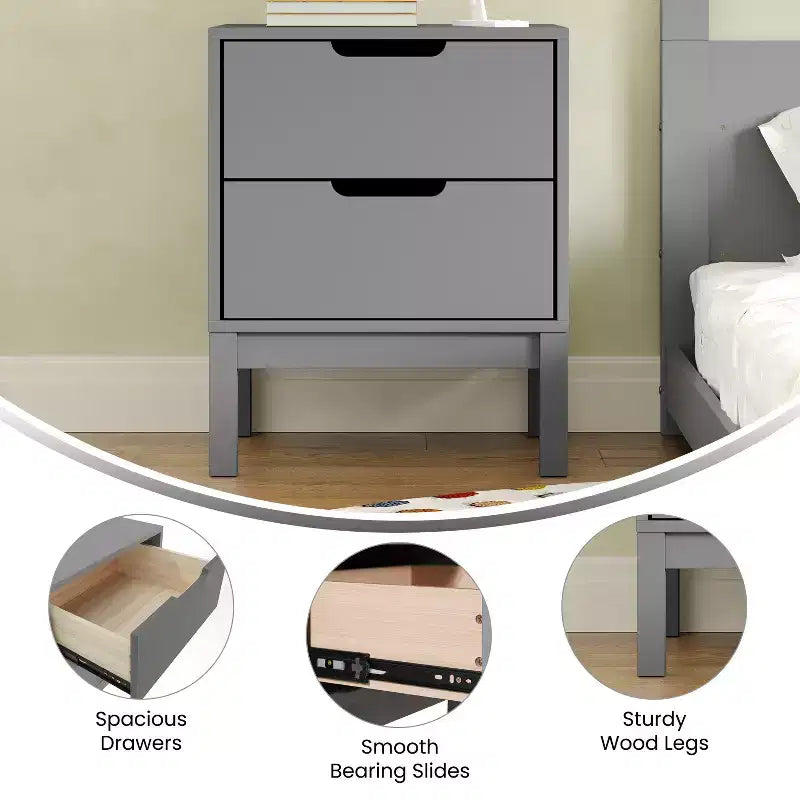 Flash Furniture Dallas Table de nuit en bois, Table d'appoint de chambre à coucher avec 2 tiroirs de rangement pour enfants