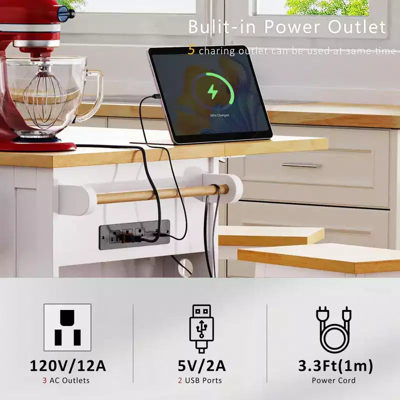 Îlot de cuisine avec rabat, prise électrique, rangement de porte, chariot roulant sur 5 roues avec 5 étagères latérales ouvertes pour cuisine et salle à manger.