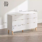 Commode double 6 tiroirs à façades cannelées, poignées dorées, cinq pieds en bois, blanche