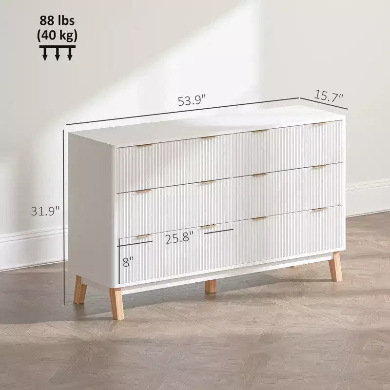 Commode double 6 tiroirs à façades cannelées, poignées dorées, cinq pieds en bois, blanche