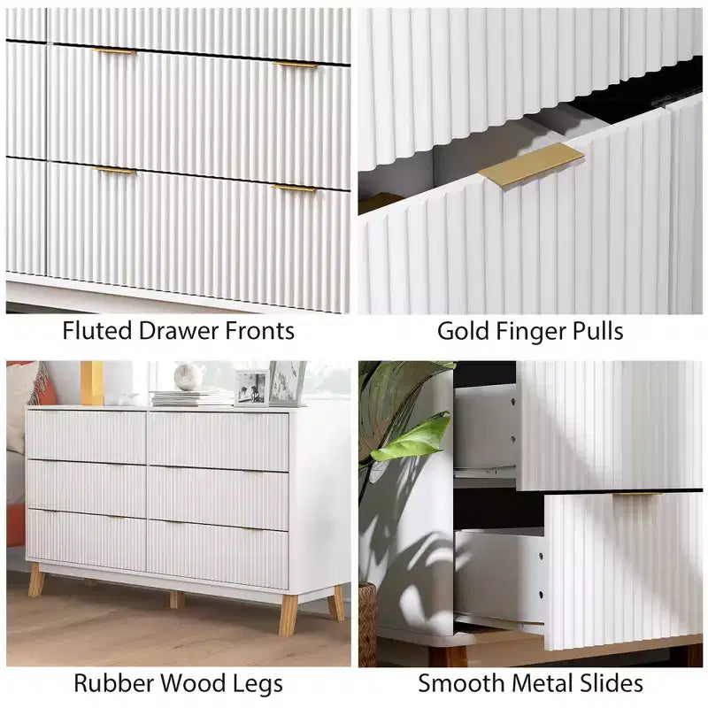 Commode double 6 tiroirs à façades cannelées, poignées dorées, cinq pieds en bois, blanche
