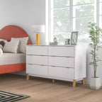 Commode double 6 tiroirs à façades cannelées, poignées dorées, cinq pieds en bois, blanche