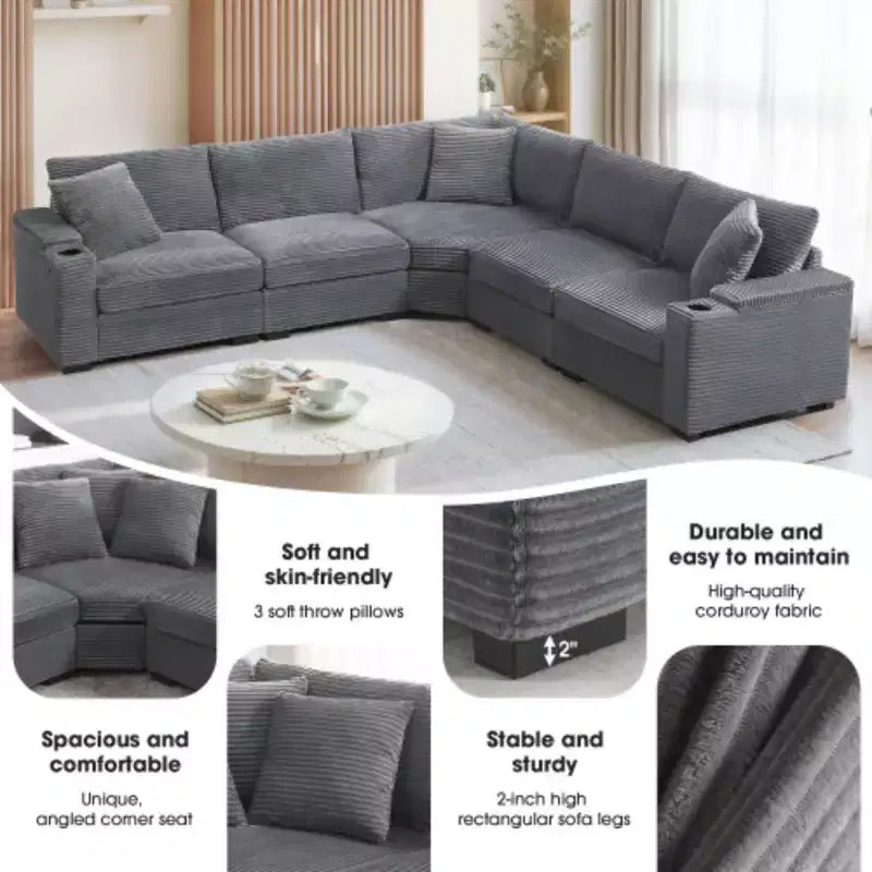 Canapé d'angle convertible 269 cm en velours côtelé avec rangement, porte-gobelets, USB, design modulaire pour salon