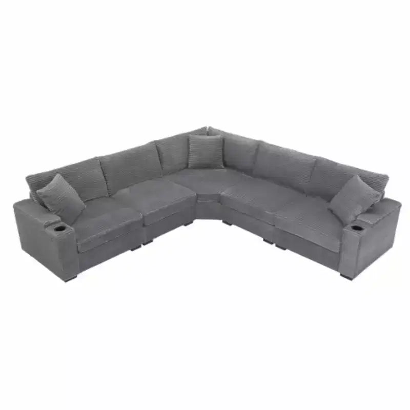 Canapé d'angle convertible 269 cm en velours côtelé avec rangement, porte-gobelets, USB, design modulaire pour salon