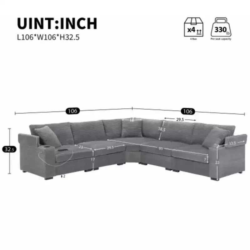 Canapé d'angle convertible 269 cm en velours côtelé avec rangement, porte-gobelets, USB, design modulaire pour salon