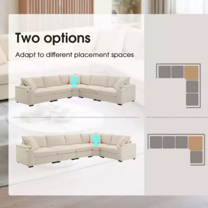 Canapé d'angle convertible 269 cm en velours côtelé avec rangement, porte-gobelets, USB, design modulaire pour salon
