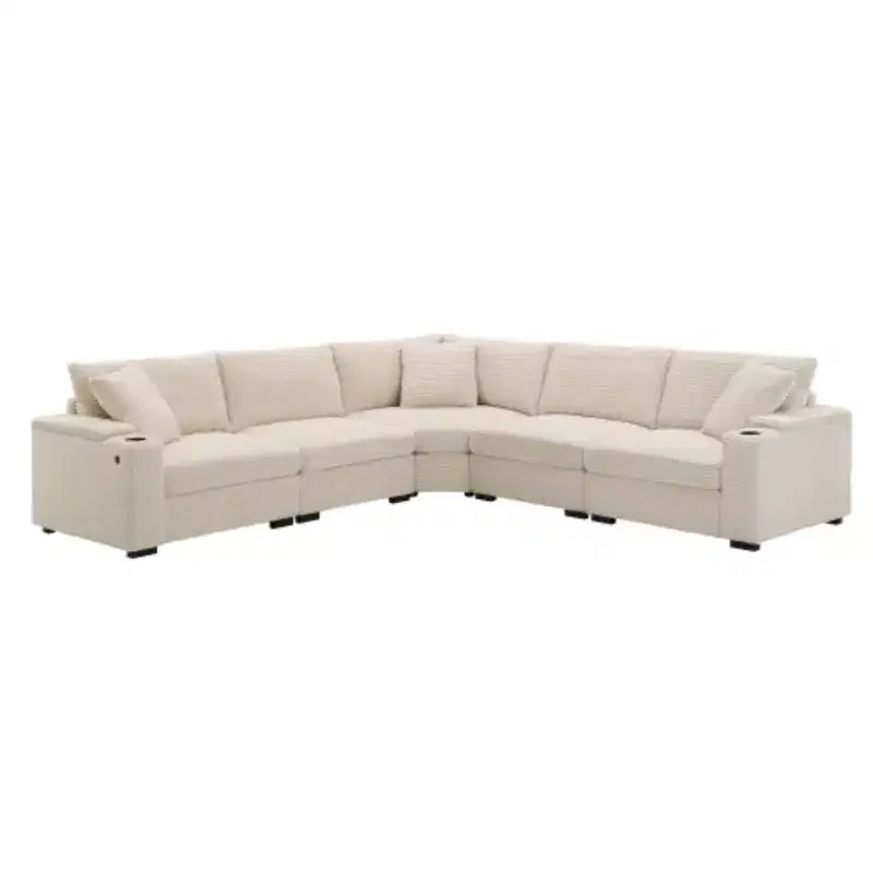 Canapé d'angle convertible 269 cm en velours côtelé avec rangement, porte-gobelets, USB, design modulaire pour salon