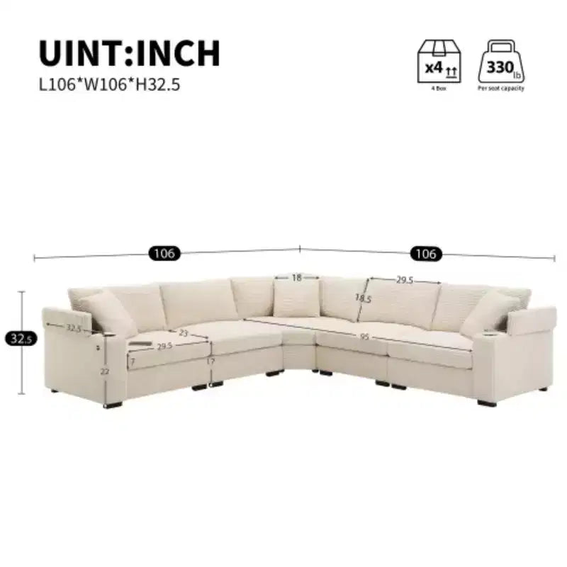 Canapé d'angle convertible 269 cm en velours côtelé avec rangement, porte-gobelets, USB, design modulaire pour salon