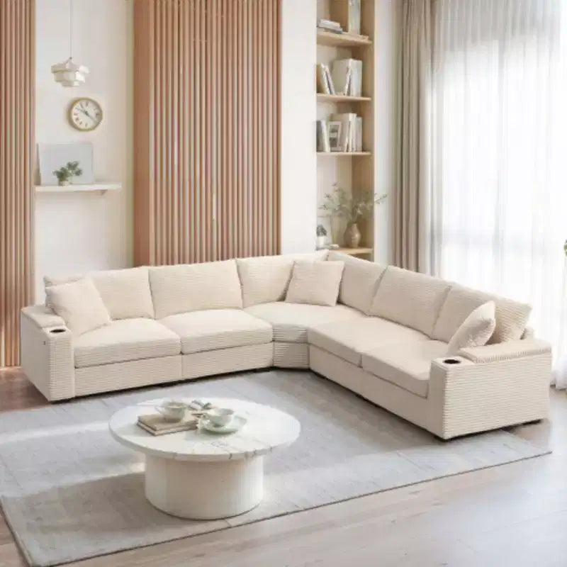 Canapé d'angle convertible 269 cm en velours côtelé avec rangement, porte-gobelets, USB, design modulaire pour salon
