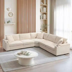 Canapé d'angle convertible 269 cm en velours côtelé avec rangement, porte-gobelets, USB, design modulaire pour salon