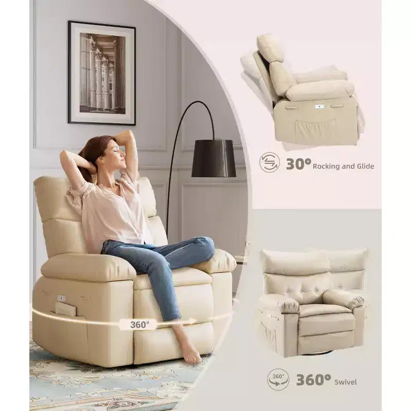 Fauteuil inclinable, fauteuil à bascule électrique pivotant avec chargeur USB pour adultes, avec massage vibrant et chauffage, pour salon, chambre à coucher