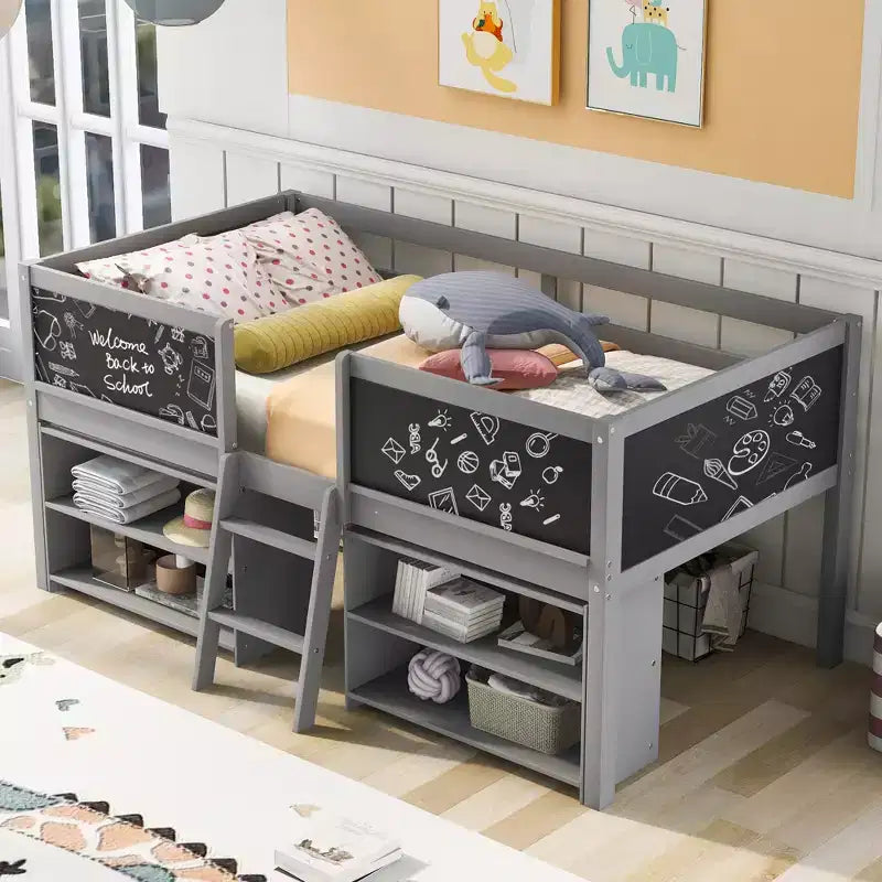 Whisen 78''L*39''W Twin Size Low Loft Bed with Two Movable Shelves and Ladder,with Decorative Guardrail Chalkboard