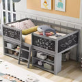 Whisen 78''L*39''W Twin Size Low Loft Bed with Two Movable Shelves and Ladder,with Decorative Guardrail Chalkboard
