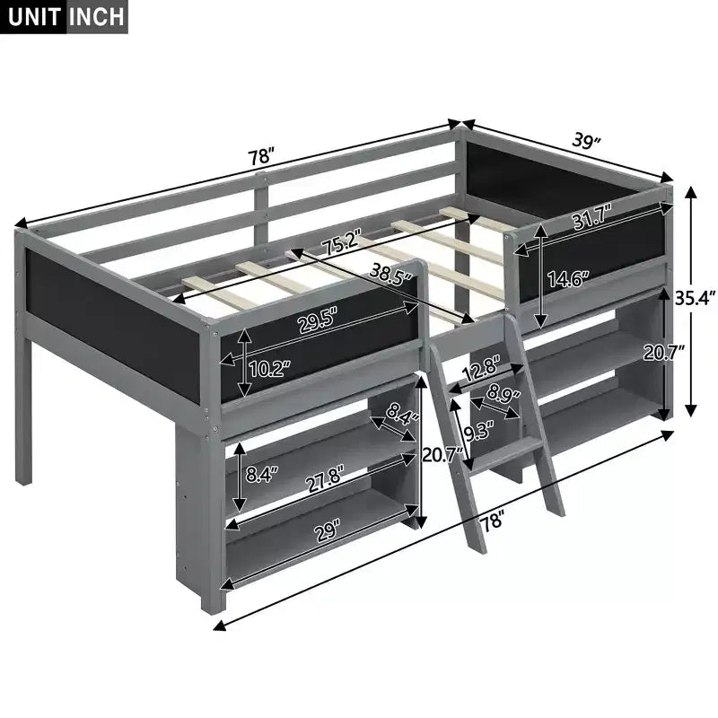 Lit mezzanine bas Whisen de 198 cm (78 po) de long x 99 cm (39 po) de large, format jumeau, avec deux étagères mobiles et une échelle, et une barrière décorative tableau noir