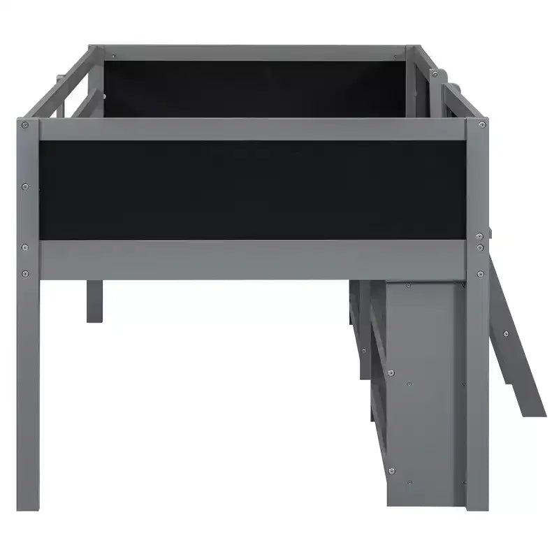 Lit mezzanine bas Whisen de 198 cm (78 po) de long x 99 cm (39 po) de large, format jumeau, avec deux étagères mobiles et une échelle, et une barrière décorative tableau noir