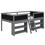 Lit mezzanine bas Whisen de 198 cm (78 po) de long x 99 cm (39 po) de large, format jumeau, avec deux étagères mobiles et une échelle, et une barrière décorative tableau noir