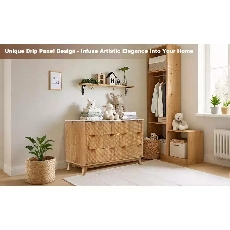 Commode 6 tiroirs pour chambre à coucher, Commode blanche pour chambre à coucher, Commode à six tiroirs motif goutte à goutte 54 avec plateau imitation marbre, Commode bébé pour chambre d'enfant