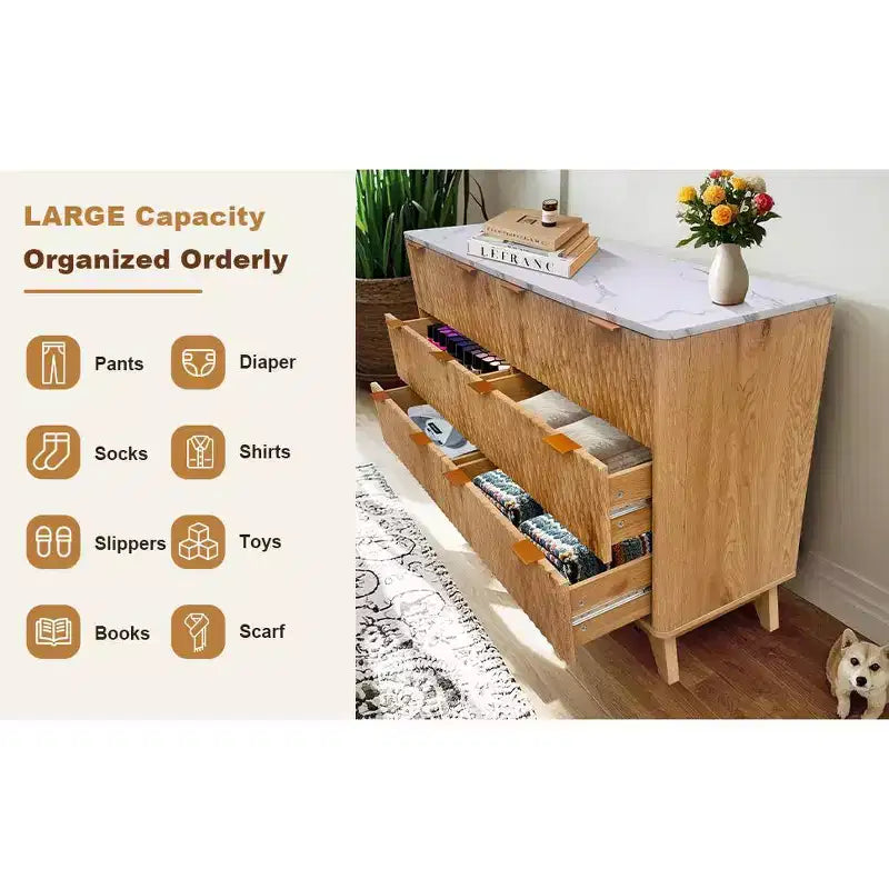 Commode 6 tiroirs pour chambre à coucher, Commode blanche pour chambre à coucher, Commode à six tiroirs motif goutte à goutte 54 avec plateau imitation marbre, Commode bébé pour chambre d'enfant
