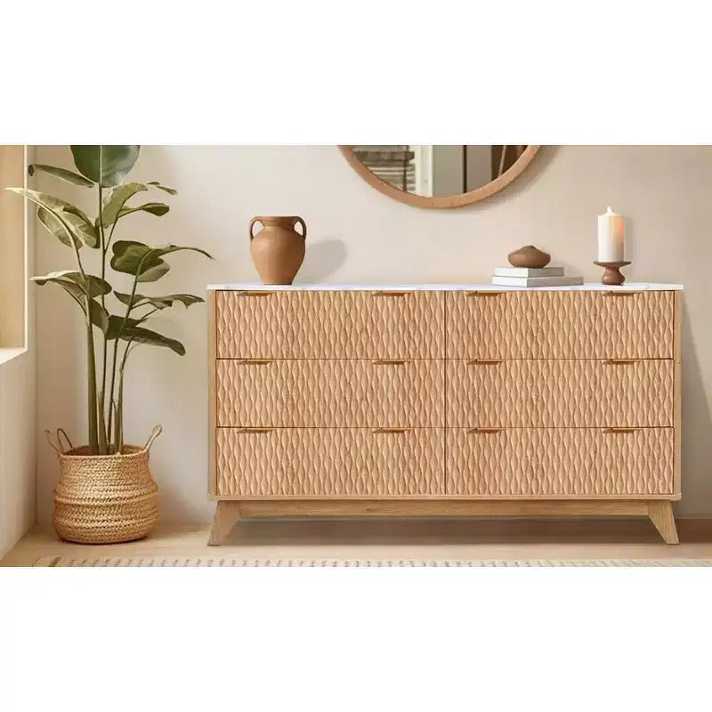 Commode 6 tiroirs pour chambre à coucher, Commode blanche pour chambre à coucher, Commode à six tiroirs motif goutte à goutte 54 avec plateau imitation marbre, Commode bébé pour chambre d'enfant