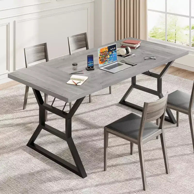 Table de salle à manger WhizMax pour 6-8 personnes, table de cuisine rectangulaire en bois de 180 cm avec pieds en métal, table de salle à manger pour salle à manger, cuisine, marron