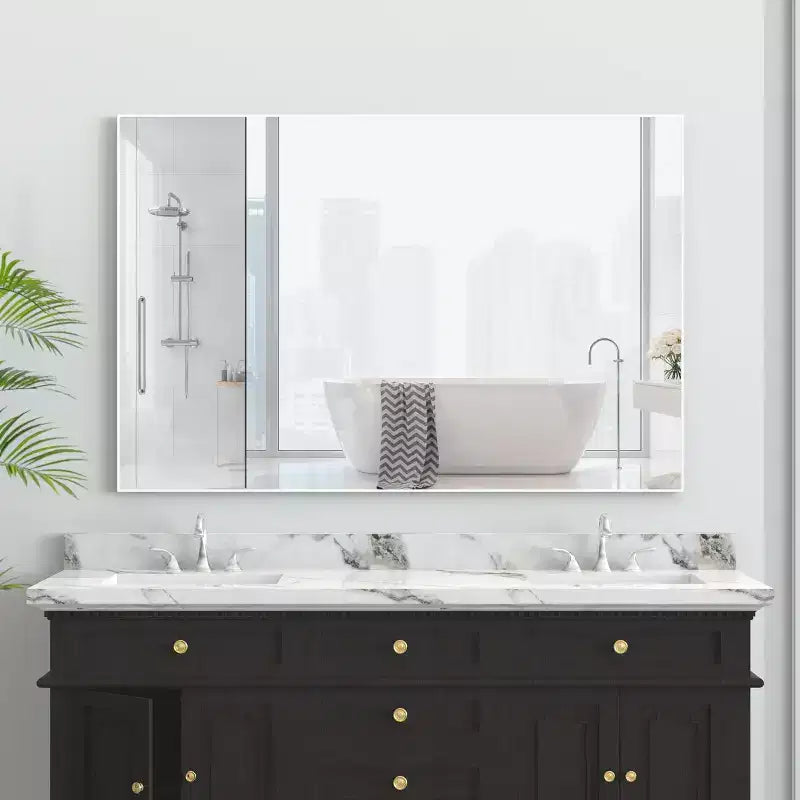 Modern White Frame Bathroom Mirror: Oversized, Aluminum, Wall Mounted, Vertical/Horizol