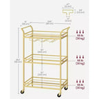 Chariot de bar, Desserte de bar à domicile, Petit chariot de bar avec étagère à 3 niveaux, Range-bouteilles, Porte-verres, Chariot de bar, 38 x 60 x 92 cm