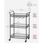 Chariot de bar, Desserte de bar à domicile, Petit chariot de bar avec étagère à 3 niveaux, Range-bouteilles, Porte-verres, Chariot de bar, 38 x 60 x 92 cm