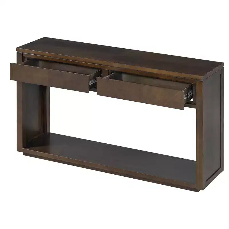 Table console rustique en bois avec tiroirs de rangement et étagère ouverte, élégante table d'entrée pour couloir et salon - ModernLuxe