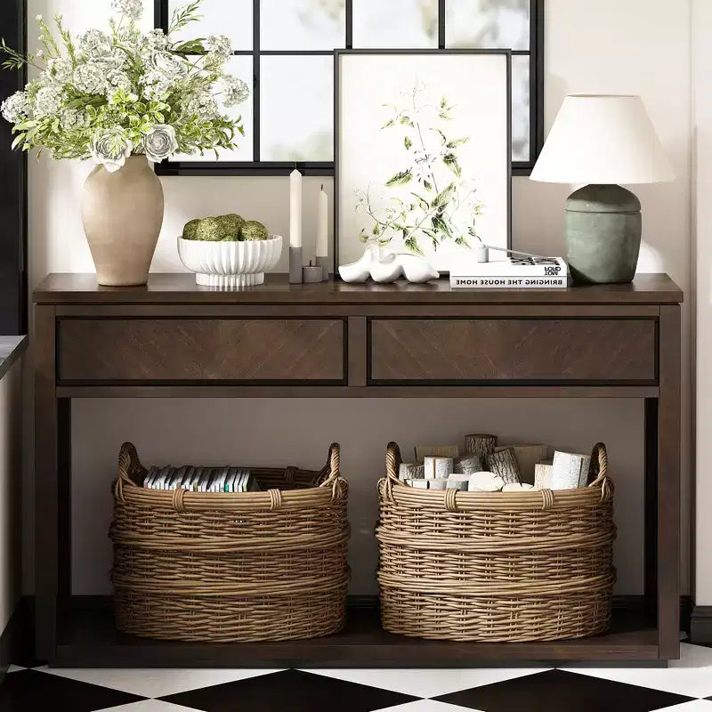 Table console rustique en bois avec tiroirs de rangement et étagère ouverte, élégante table d'entrée pour couloir et salon - ModernLuxe