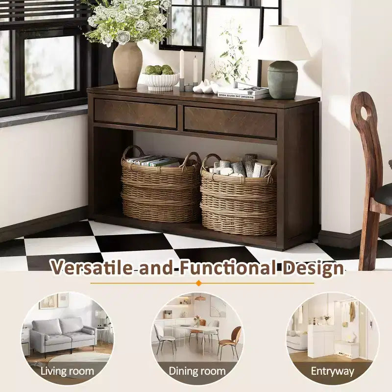 Table console rustique en bois avec tiroirs de rangement et étagère ouverte, élégante table d'entrée pour couloir et salon - ModernLuxe