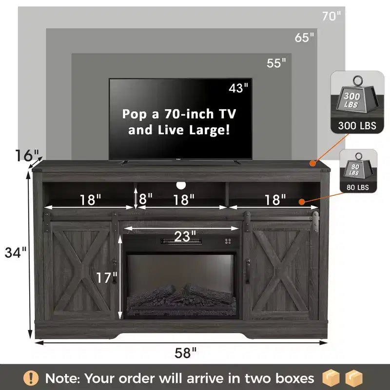 Meuble TV cheminée Heynemo pour TV 65''+, centre de divertissement style ferme avec cheminée électrique 23'' avec télécommande et porte coulissante