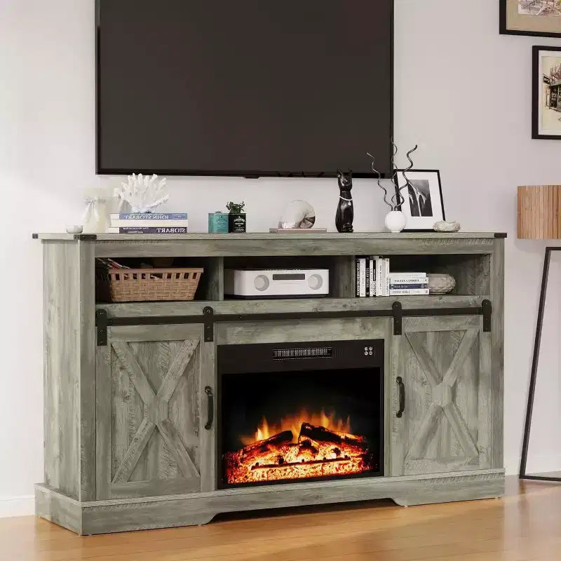 Meuble TV cheminée Heynemo pour TV 65''+, centre de divertissement style ferme avec cheminée électrique 23'' avec télécommande et porte coulissante