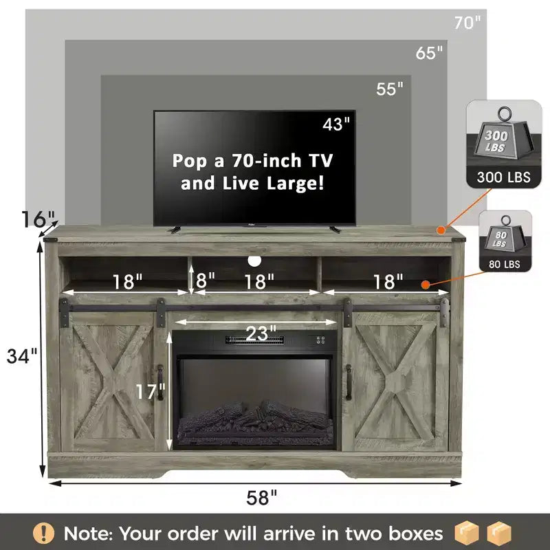 Meuble TV cheminée Heynemo pour TV 65''+, centre de divertissement style ferme avec cheminée électrique 23'' avec télécommande et porte coulissante