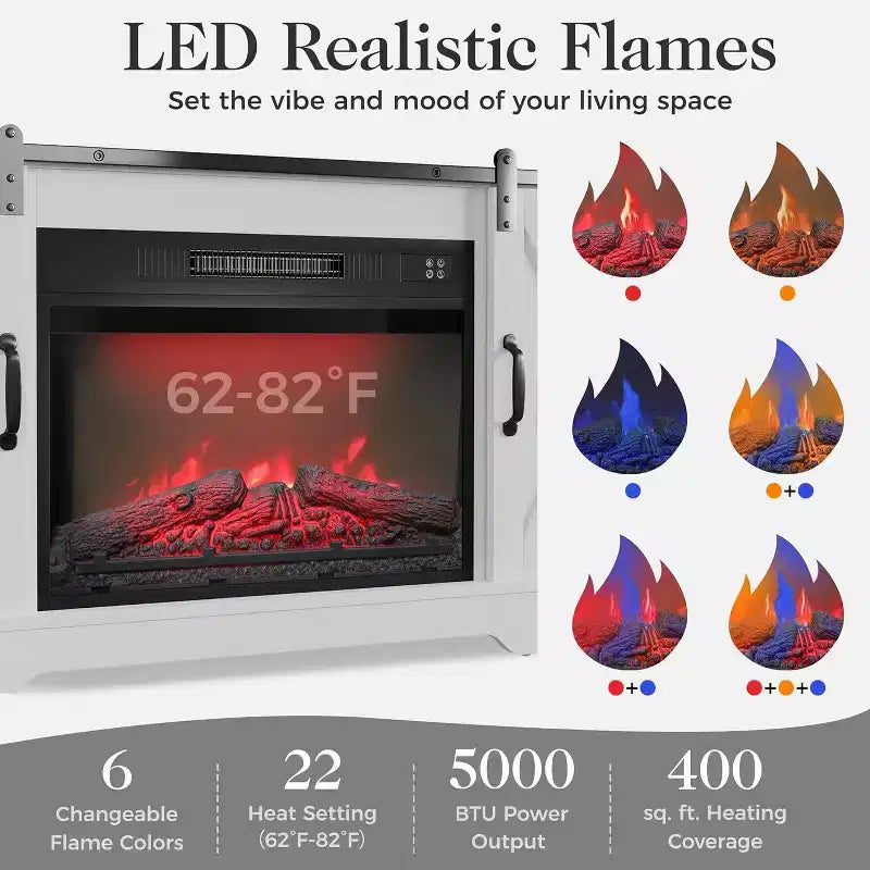 Meuble TV cheminée Heynemo pour TV 65''+, centre de divertissement style ferme avec cheminée électrique 23'' avec télécommande et porte coulissante