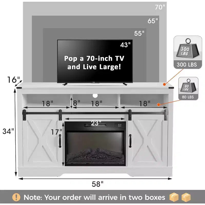 Meuble TV cheminée Heynemo pour TV 65''+, centre de divertissement style ferme avec cheminée électrique 23'' avec télécommande et porte coulissante