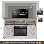 Meuble TV cheminée Heynemo pour TV 65''+, centre de divertissement style ferme avec cheminée électrique 23'' avec télécommande et porte coulissante