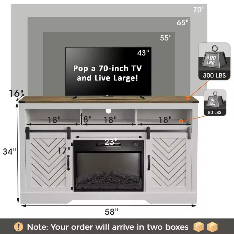 Meuble TV cheminée Heynemo pour TV 65''+, centre de divertissement style ferme avec cheminée électrique 23'' avec télécommande et porte coulissante