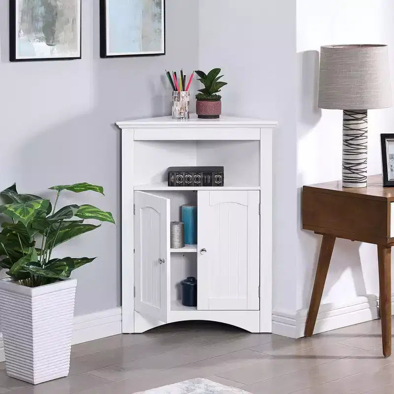 MAYEERTY Meuble de rangement d'angle blanc avec portes et étagères réglables pour salle de bain, cuisine, salon