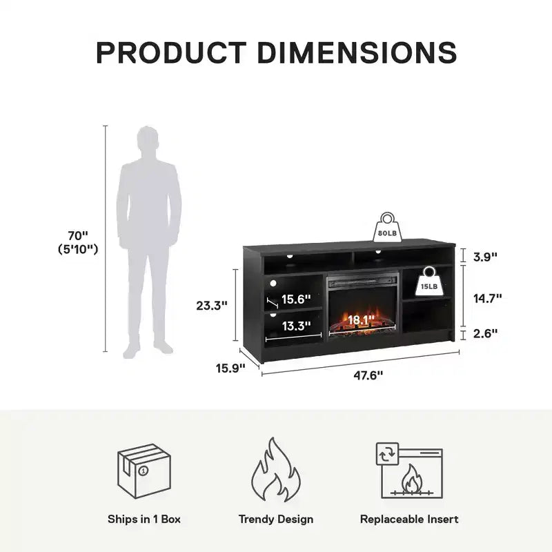 Meuble TV Ameriwood Home Hendrix 65 avec insert de cheminée électrique et 6 étagères