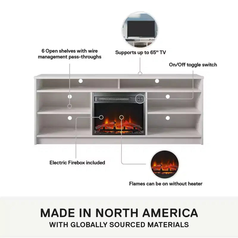 Meuble TV Ameriwood Home Hendrix 65 avec insert de cheminée électrique et 6 étagères