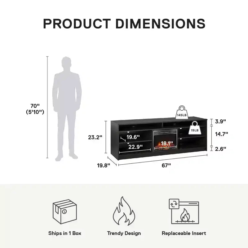 Meuble TV Ameriwood Home Hendrix 65 avec insert de cheminée électrique et 6 étagères