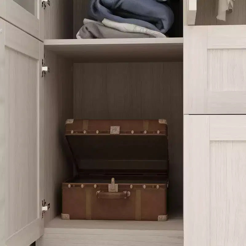Ensemble Armoire Moderne Grise Hitow Portes en Verre Givré Finition Grain de Bois Style Crème