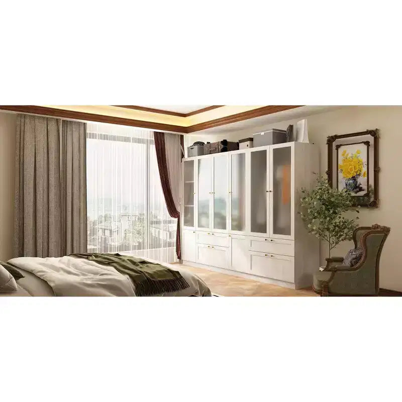 Ensemble Armoire Moderne Grise Hitow Portes en Verre Givré Finition Grain de Bois Style Crème